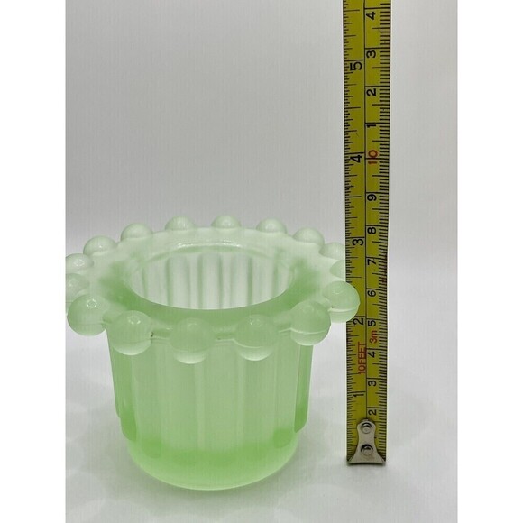 VINTAGE GREEN FROSTED GLASS Candle Holder, Ball Bead Rim, Footed, Votive - Picture 6 of 7